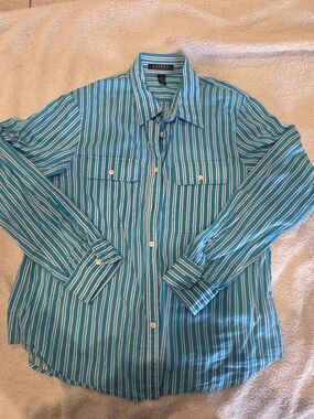 Lauren Ralph Lauren Teal & White Striped Button-Up Shirt